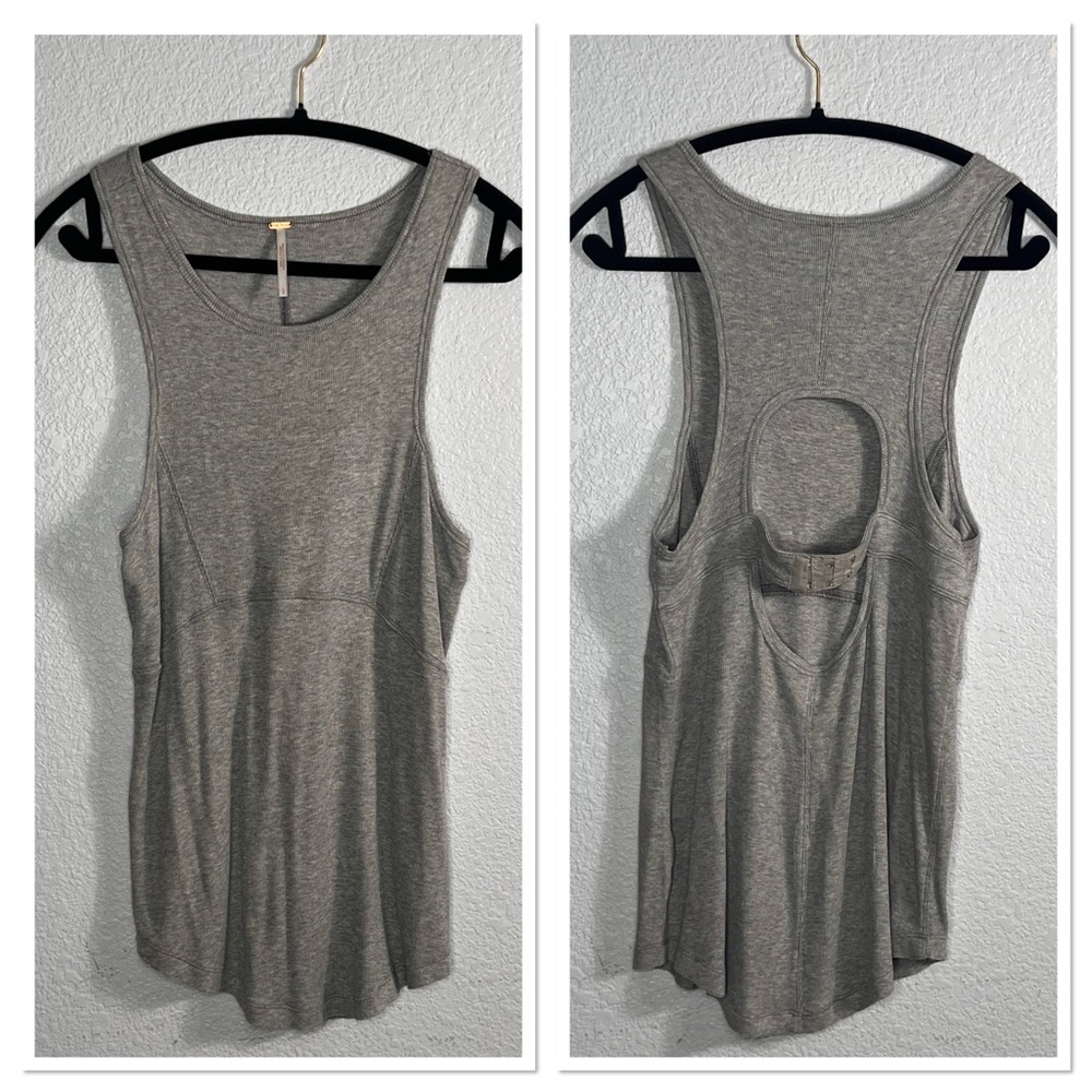 Free People Kiss My Back Tank Gray Ribbed Cut Out Back Stretch Sz L NWOT